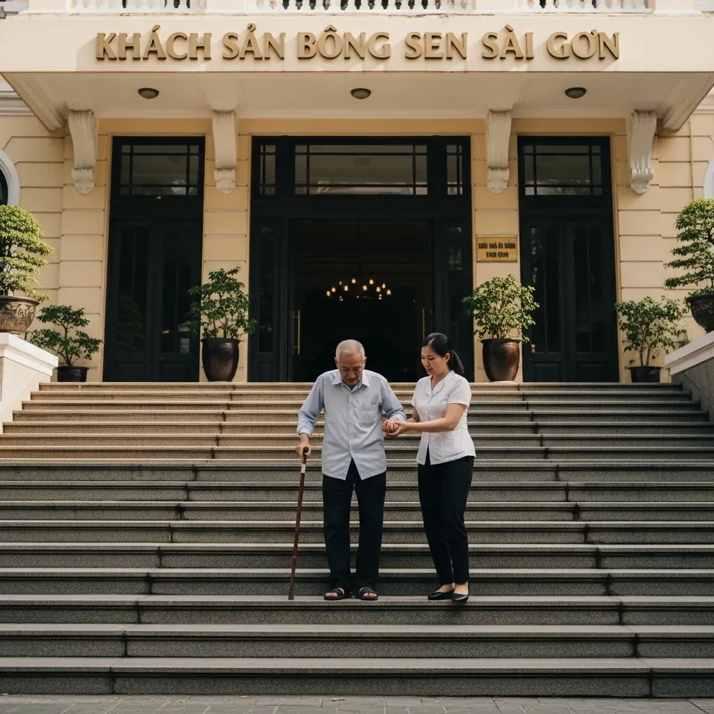Người già gặp khó khăn khi leo bậc thang vào khách sạn Bông Sen, không có lối dốc.
