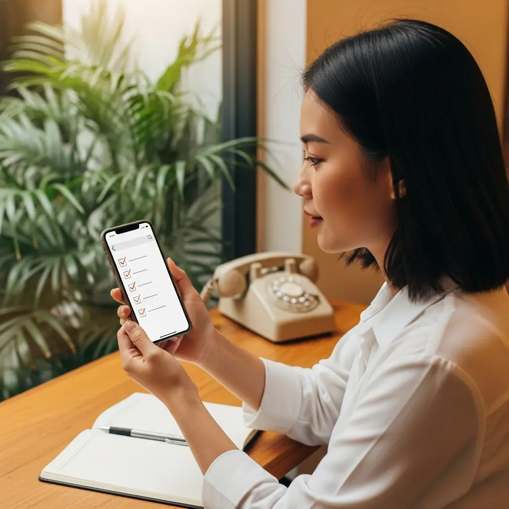 Nữ du khách người Việt đang gọi điện thoại và ghi chú checklist khi đặt phòng khách sạn.