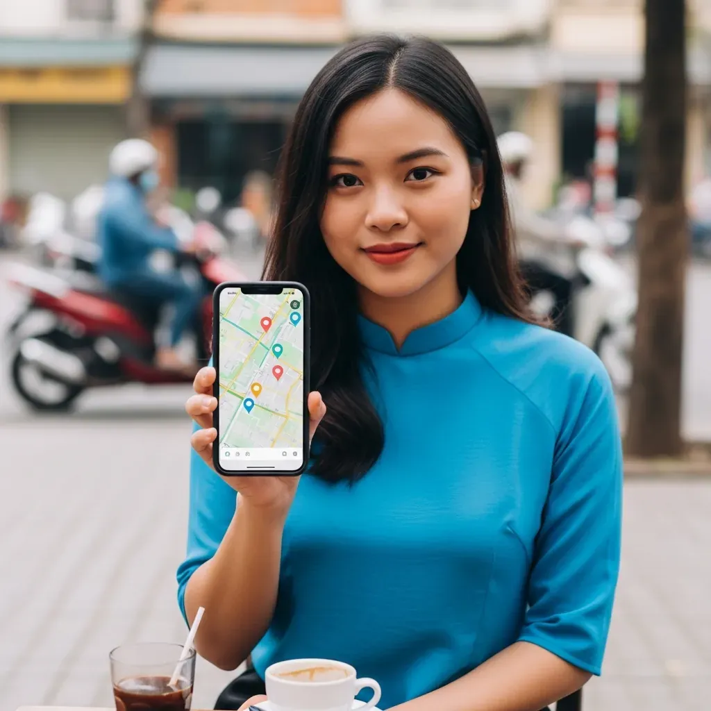 Nữ du khách Việt Nam xem bản đồ các khách sạn thay thế trên điện thoại tại quán cà phê Sài Gòn.