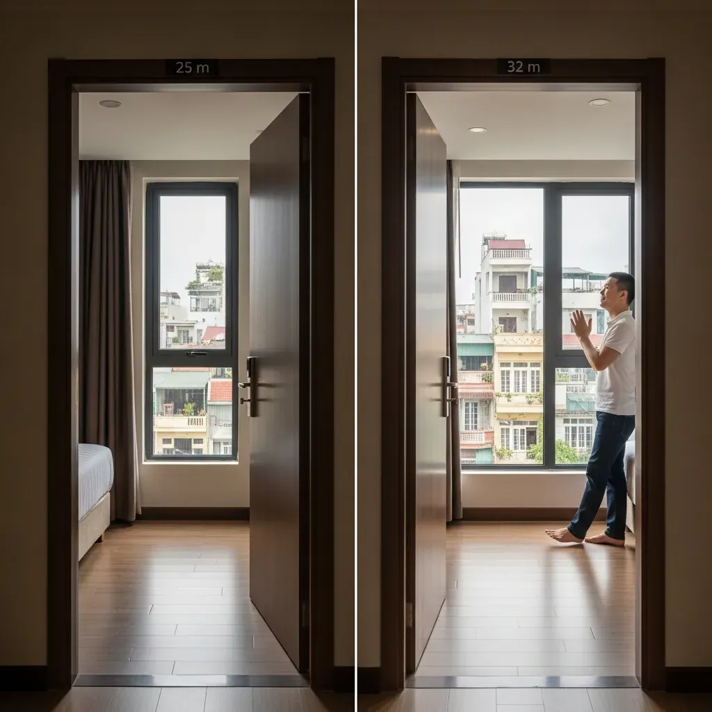 So sánh phòng Deluxe Inside tối và phòng Deluxe City View sáng tại khách sạn Bông Sen.