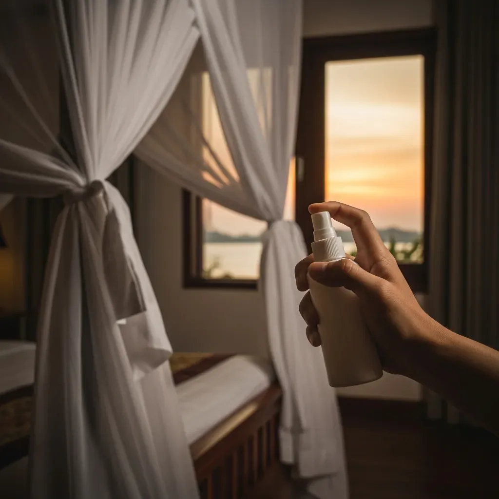 Bình xịt chống muỗi và màn che trong phòng khách sạn Cần Giờ.