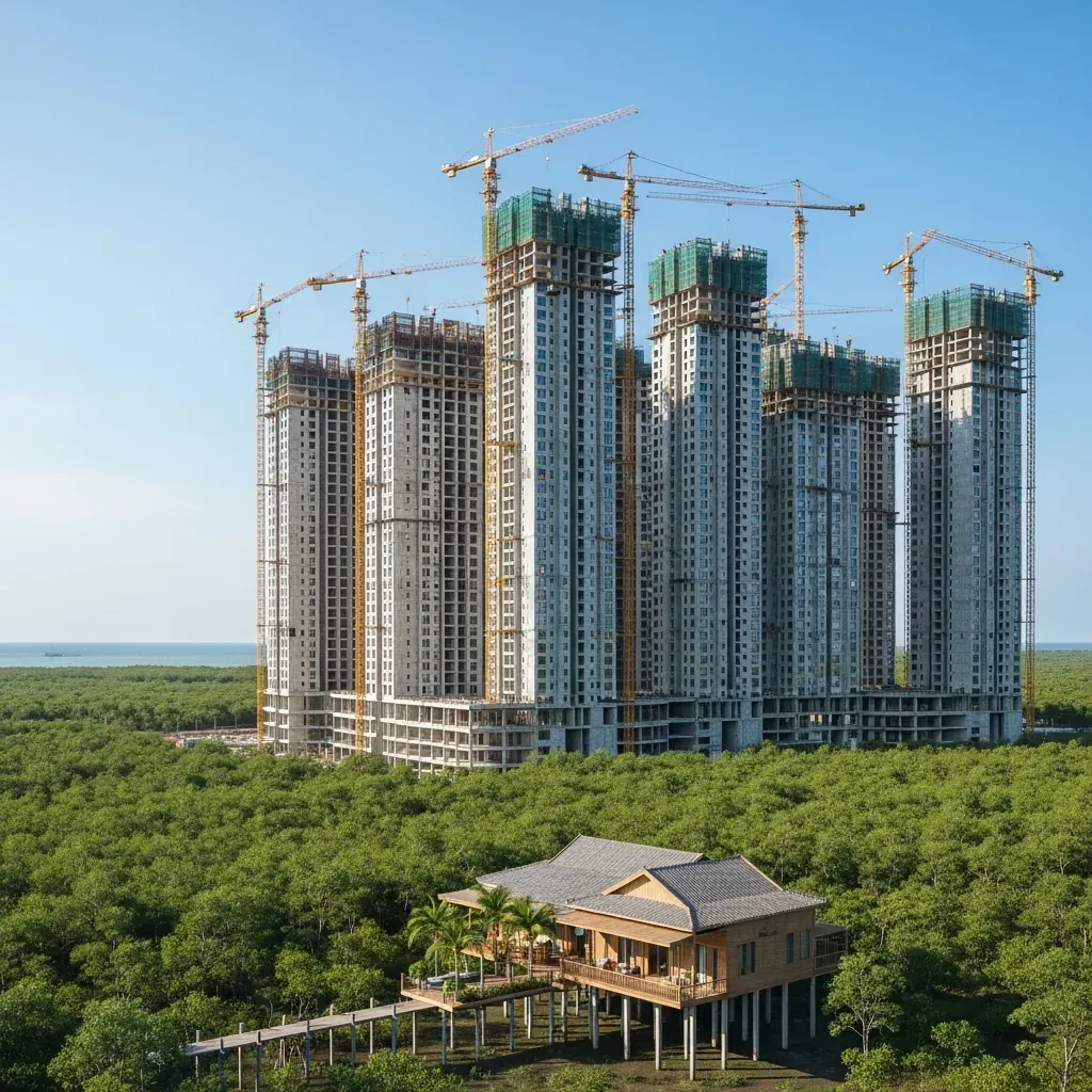 Công trường dự án khu nghỉ dưỡng lớn tại Cần Giờ với cần cẩu và rừng ngập mặn.