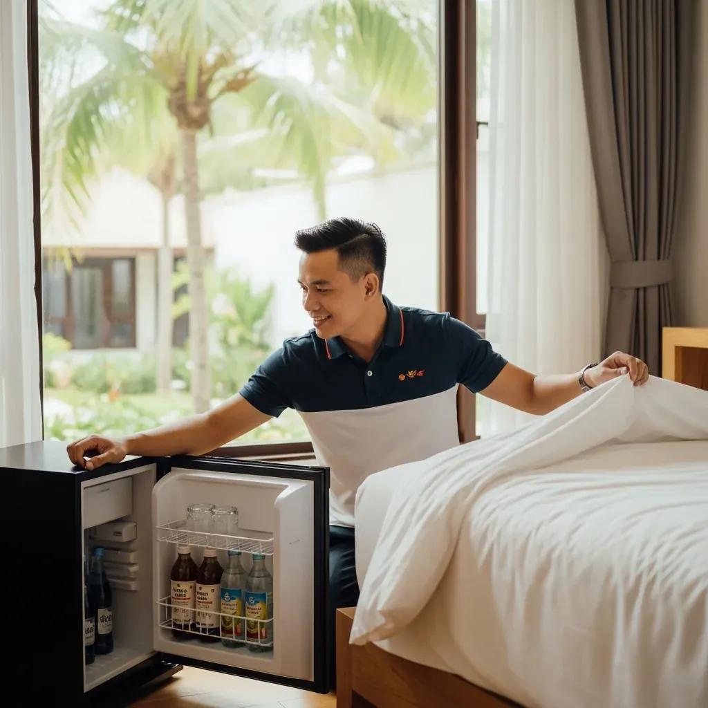 Du khách nam đang kiểm tra minibar và ga giường trong phòng khách sạn tại Cần Giờ.