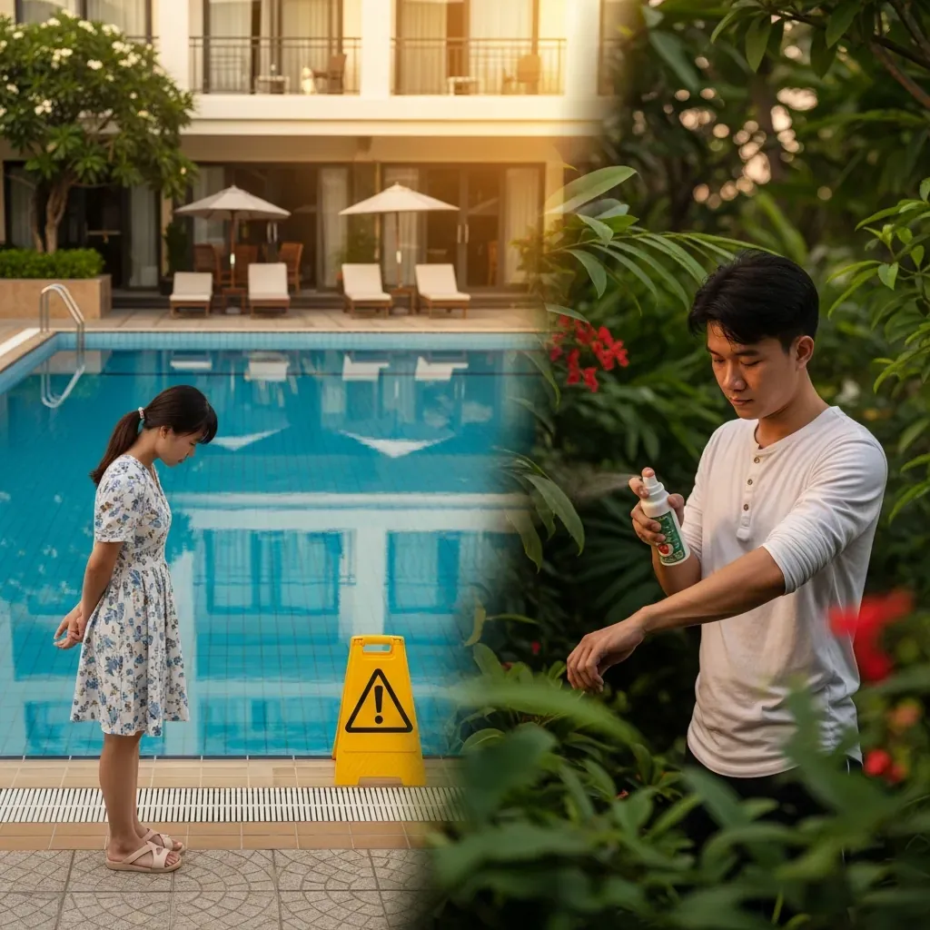 Du khách thất vọng bên hồ bơi bảo trì và người dùng xịt chống muỗi.