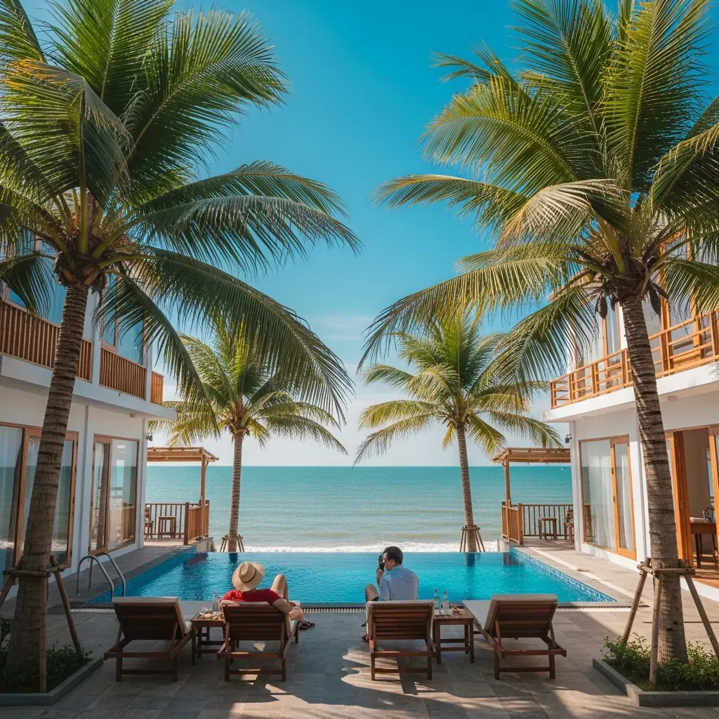 Gió Lộng Boutique Hotel nhìn từ hồ bơi ra biển Cần Giờ.