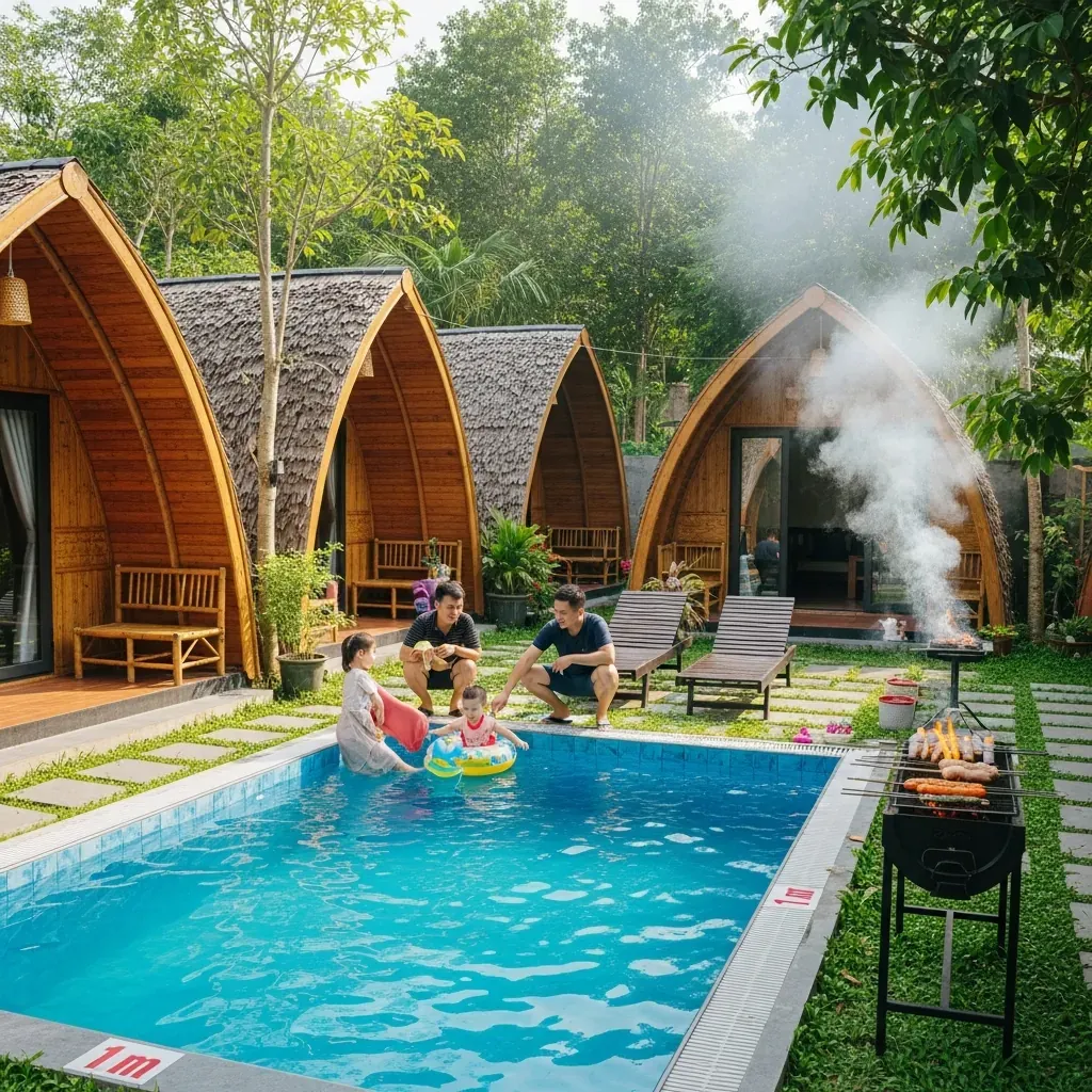 Khuôn viên Ruby Homestay với bungalow và hồ bơi trẻ em.