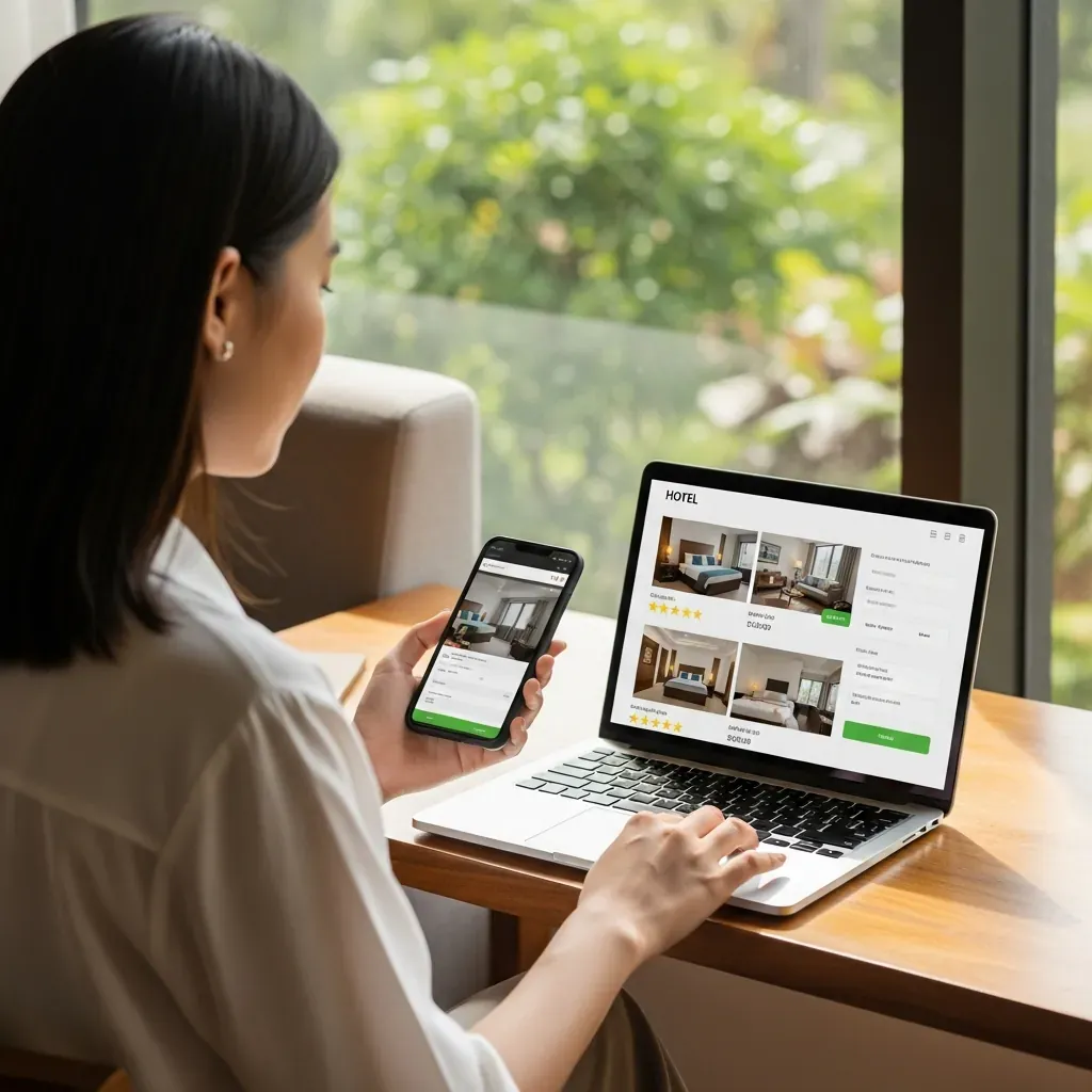 Người phụ nữ Việt đang so sánh giá khách sạn trên laptop trước khi đặt phòng