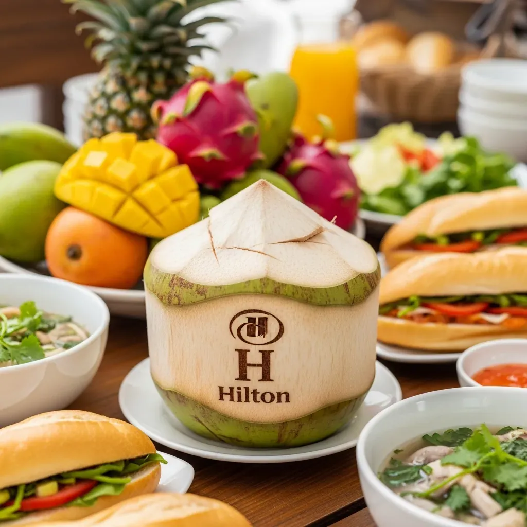 Dừa tươi khắc logo Hilton là điểm nhấn trong buffet sáng