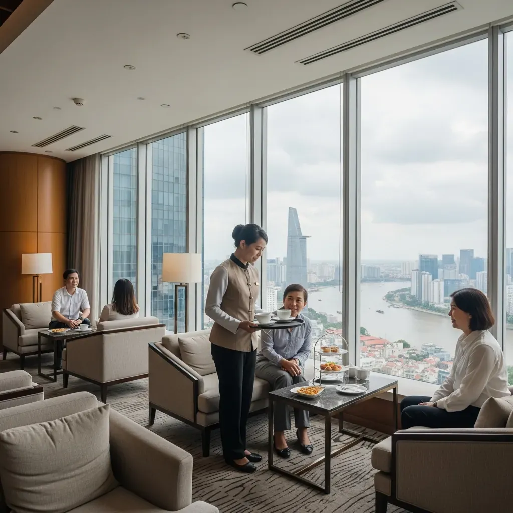 Executive Lounge tầng 34 với tầm nhìn sông Sài Gòn tràn ngập ánh sáng tự nhiên