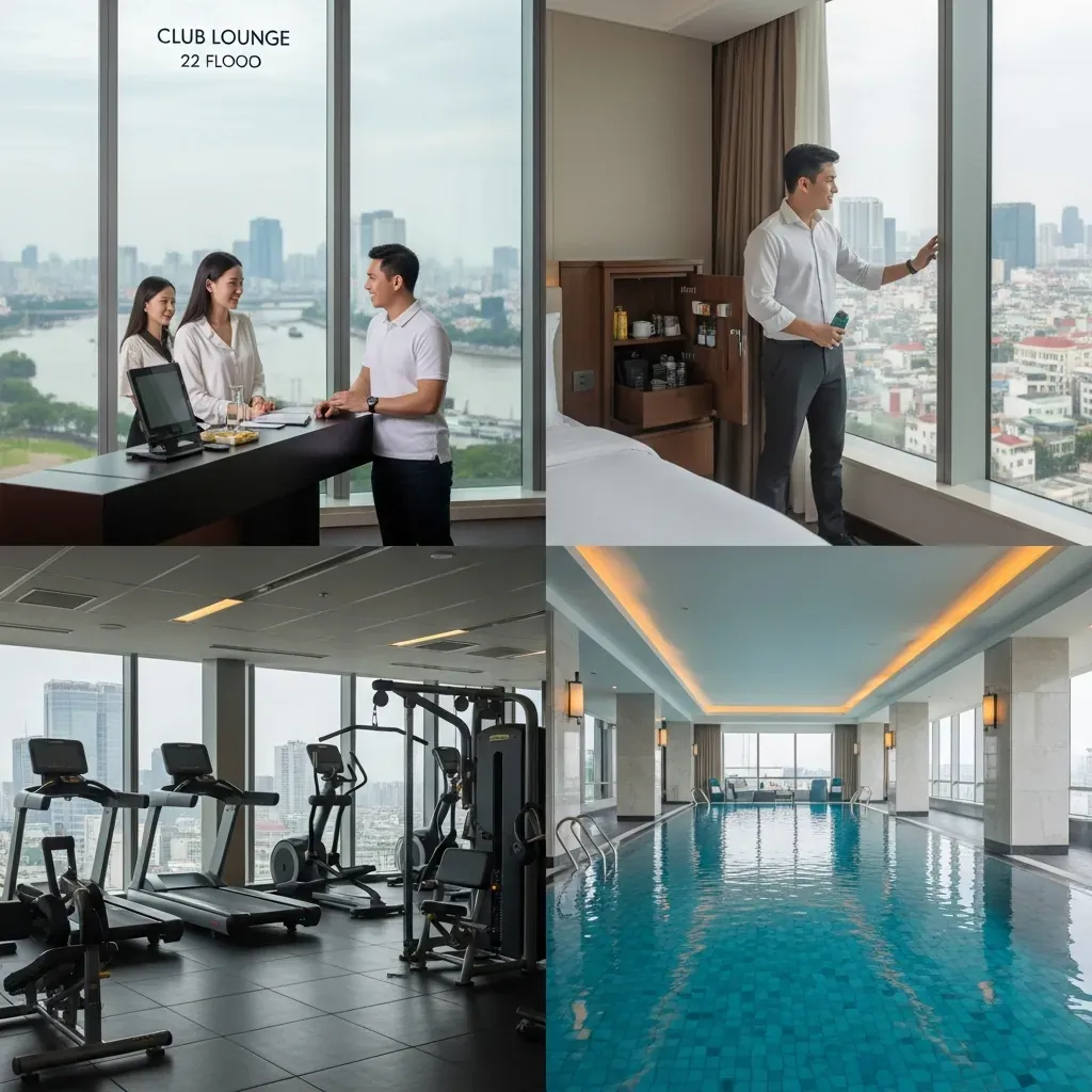 Các cảnh nhận phòng, kiểm tra phòng, tập gym và bơi tại Le Méridien Saigon.