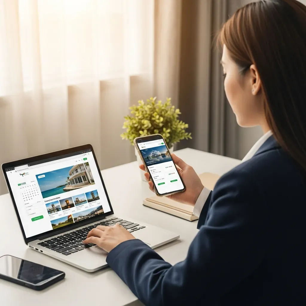 Người phụ nữ Việt Nam so sánh giá phòng trên laptop và điện thoại.
