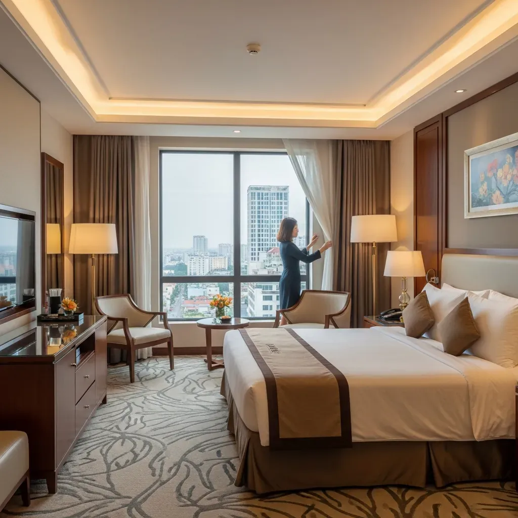 Phòng suite sang trọng với cửa sổ lớn và tầm nhìn thành phố.