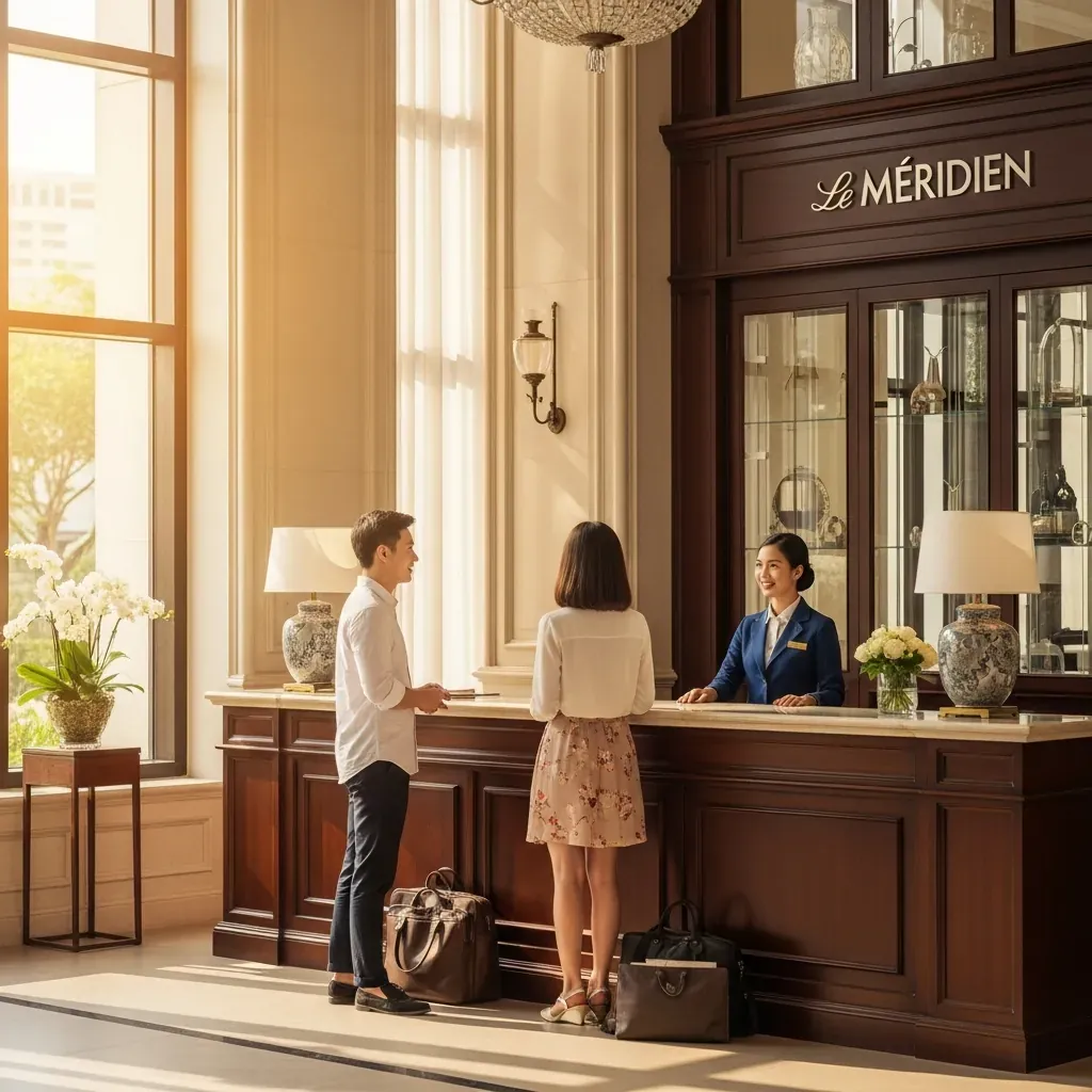 Quầy lễ tân Le Méridien Saigon đón khách nhận phòng sớm.