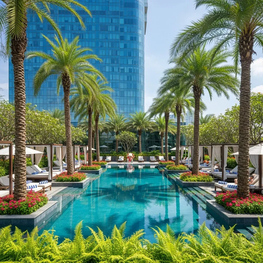 Khu vực hồ bơi mới nâng cấp của Lotte Hotel Saigon với cây xanh nhiệt đới và ghế dài.