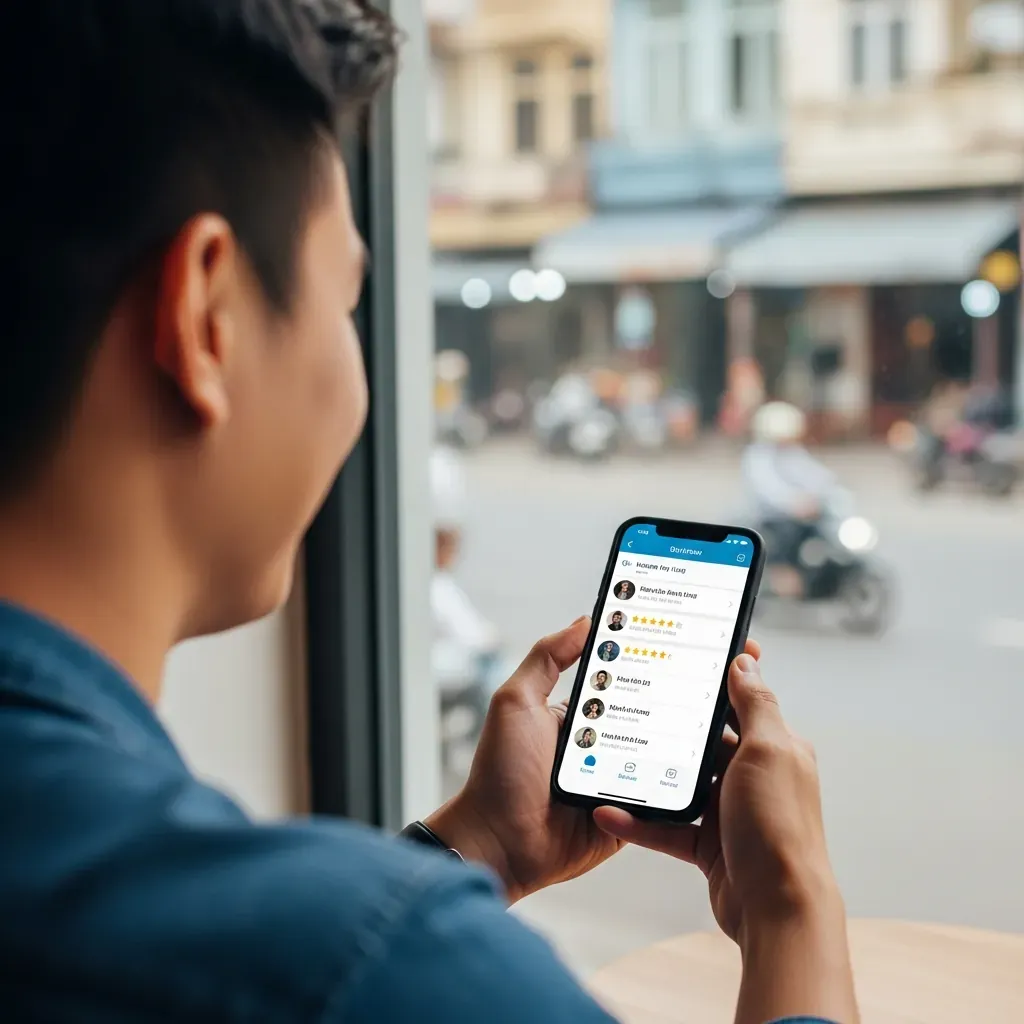 Người dùng Việt Nam đang xem đánh giá khách sạn trên điện thoại thông minh trong quán cà phê.