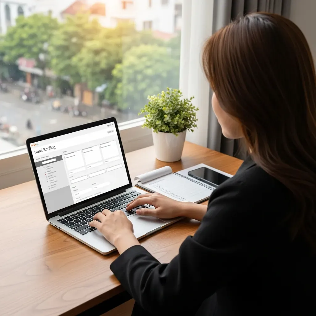 Người phụ nữ Việt Nam đang kiểm tra đặt phòng khách sạn trên laptop với danh sách ghi chú.