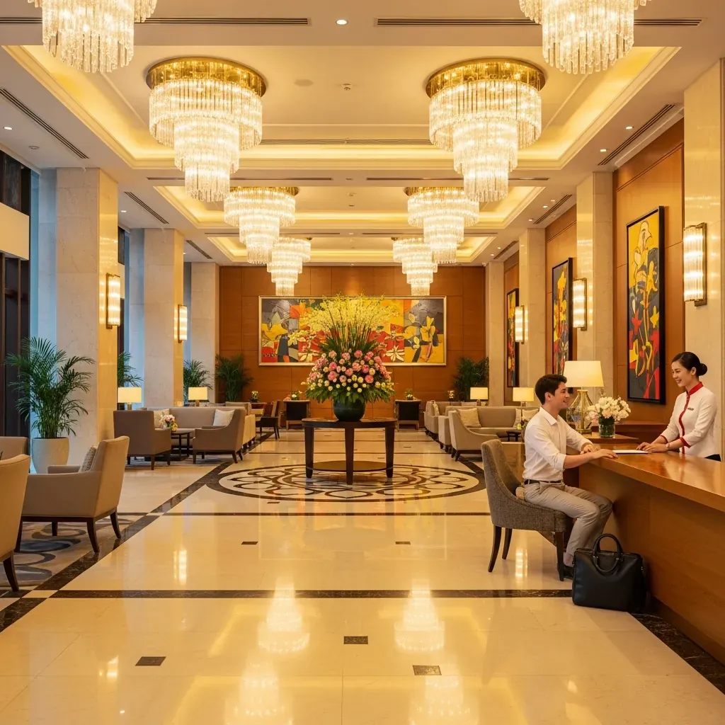 Sảnh khách sạn Lotte Sài Gòn sang trọng với ánh đèn vàng, quầy lễ tân thấp và nhân viên chuyên nghiệp.