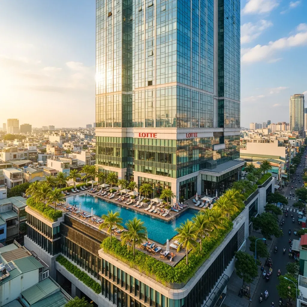 Toàn cảnh khách sạn Lotte Sài Gòn với hồ bơi và cây xanh, tọa lạc giữa khu phố sầm uất quận 1.