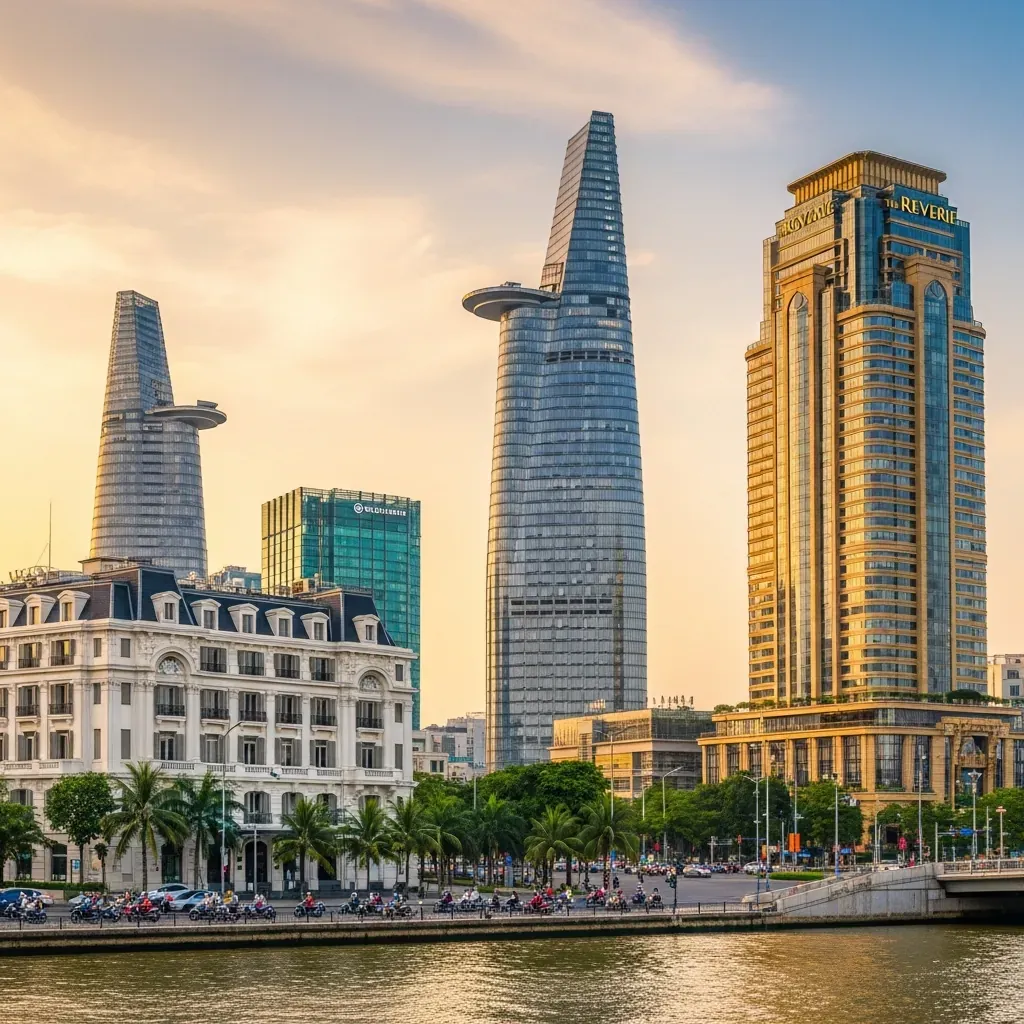 Toàn cảnh Sài Gòn với ba khách sạn sang trọng: tòa nhà cổ điển, tòa tháp cao nhất và tòa nhà mạ vàng.