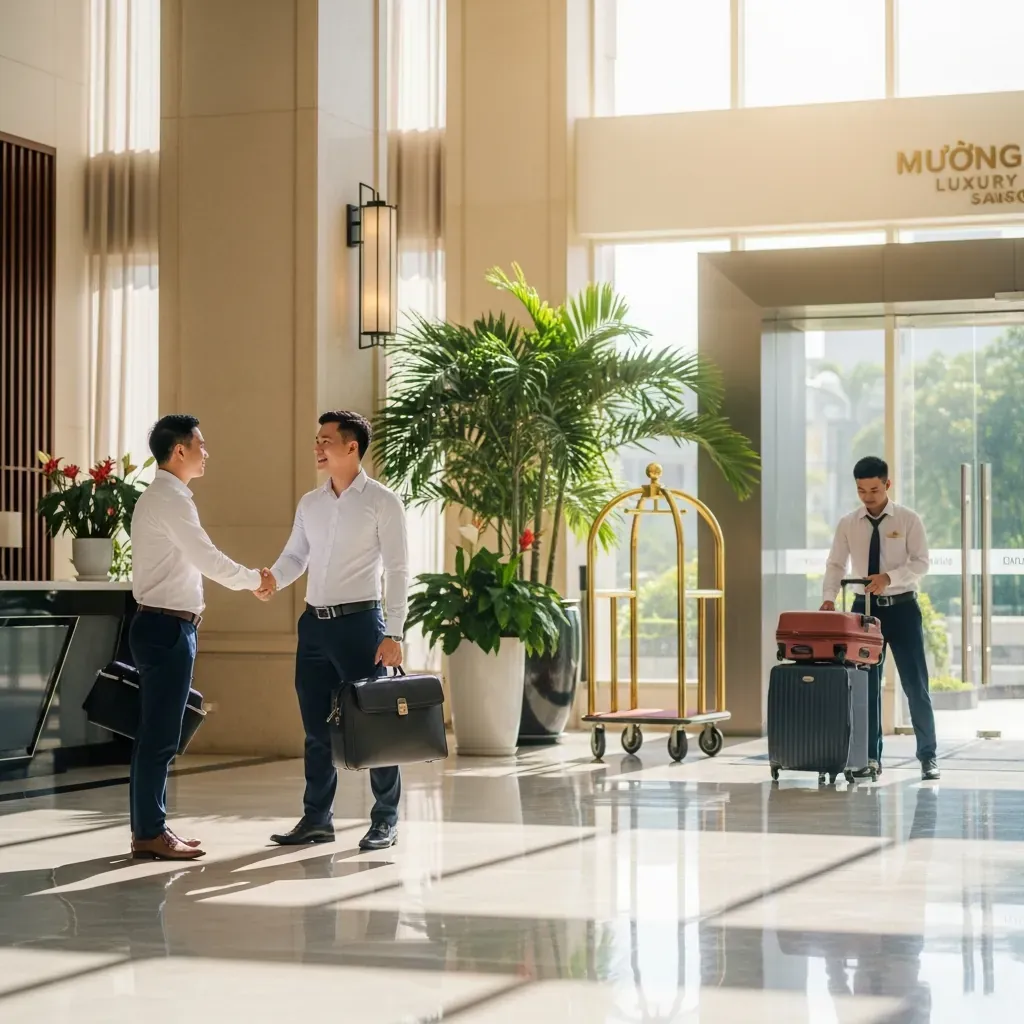 Hai doanh nhân Việt bắt tay tại sảnh, hành lý sẵn sàng.