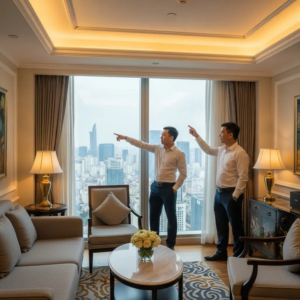 Hai doanh nhân Việt Nam đang họp trong phòng Executive Suite với view thành phố.