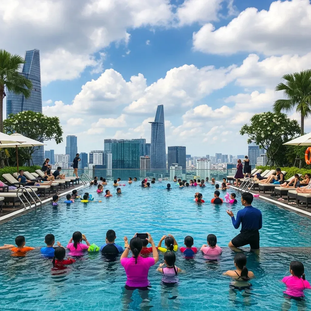 Hồ bơi vô cực tầng 18 đông đúc khách Việt và lớp học bơi.