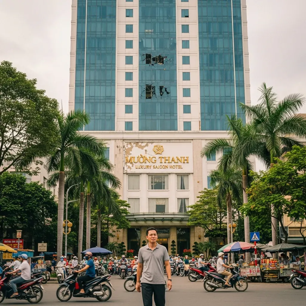 Mặt tiền khách sạn Mường Thanh Luxury Sài Gòn với dấu hiệu hao mòn, một nam khách Việt đang đi vào.