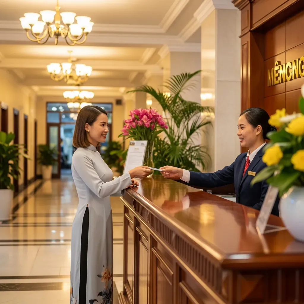 Nữ khách Việt mặc áo dài đang làm thủ tục nhận phòng tại quầy lễ tân.