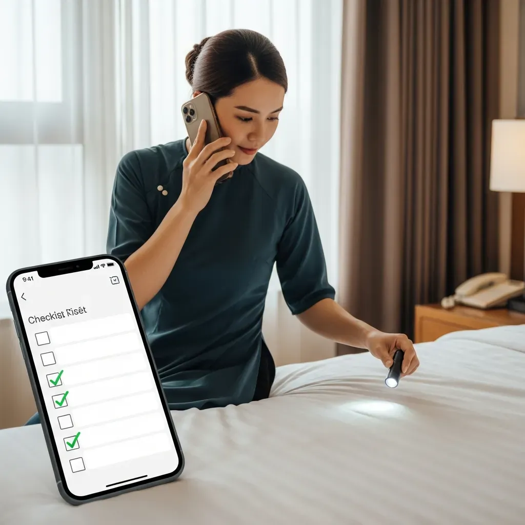 Nữ khách Việt vừa gọi điện vừa kiểm tra ga giường bằng đèn pin.