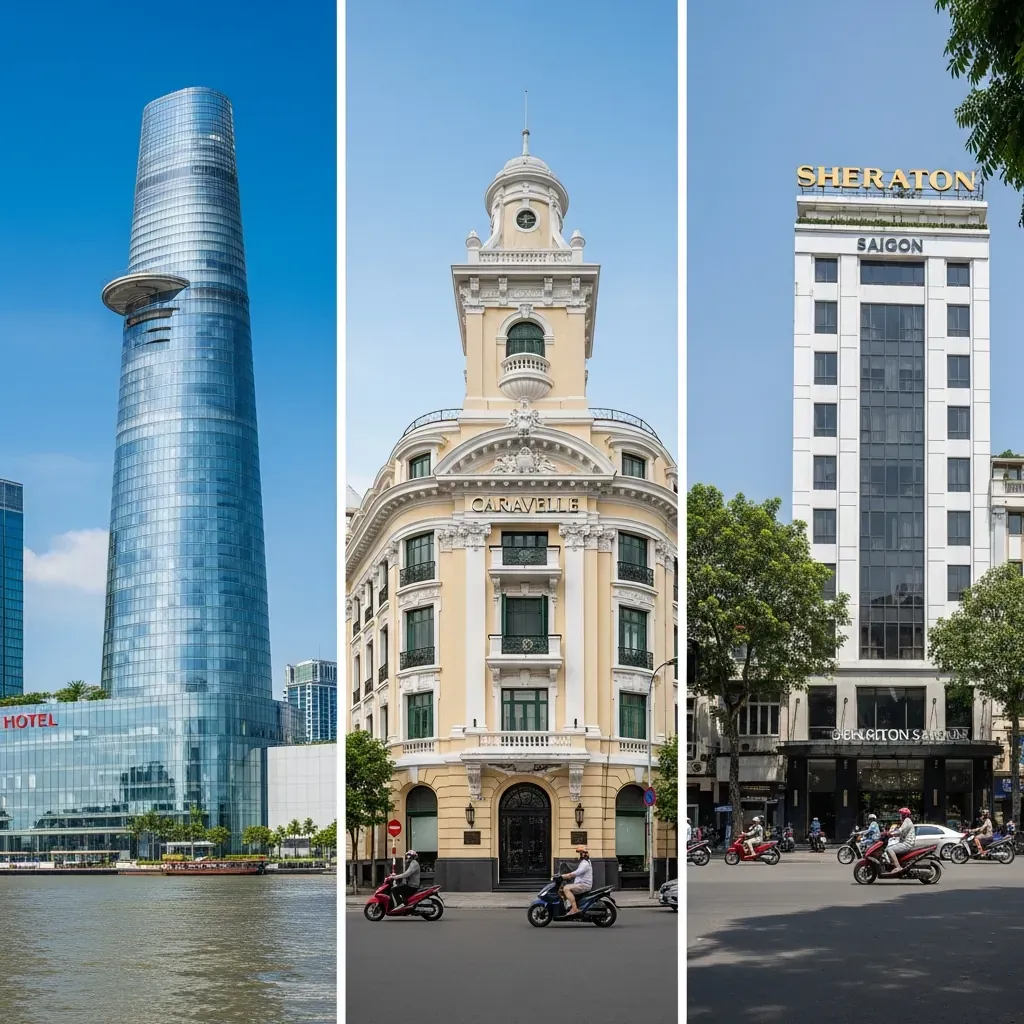 Ba khách sạn 5 sao ở Quận 1: Lotte Hotel Saigon, Caravelle Saigon, và Sheraton Saigon, mỗi nơi một phong cách kiến trúc.