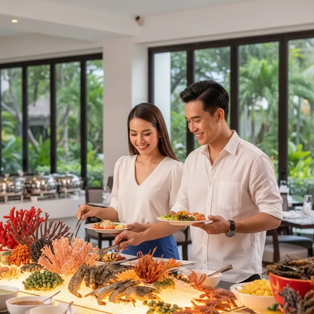 Cặp đôi người Việt tận hưởng buffet hải sản phong phú trong nhà hàng sáng sủa của khách sạn.