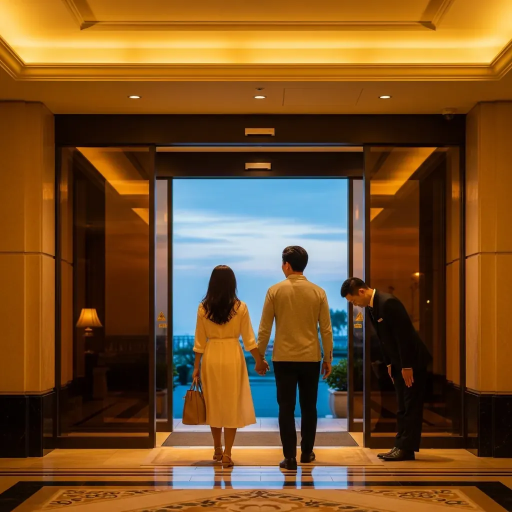 Cặp đôi Việt rời khách sạn vào buổi tối, nhân viên mở cửa tiễn khách với nụ cười thân thiện.