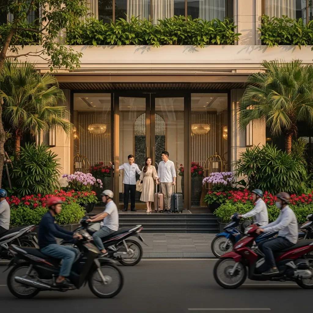 Khách sạn Nikko Sài Gòn nhìn từ bên ngoài vào buổi chiều, với cây xanh nhiệt đới và nhân viên người Việt đang mở cửa chào đón khách.