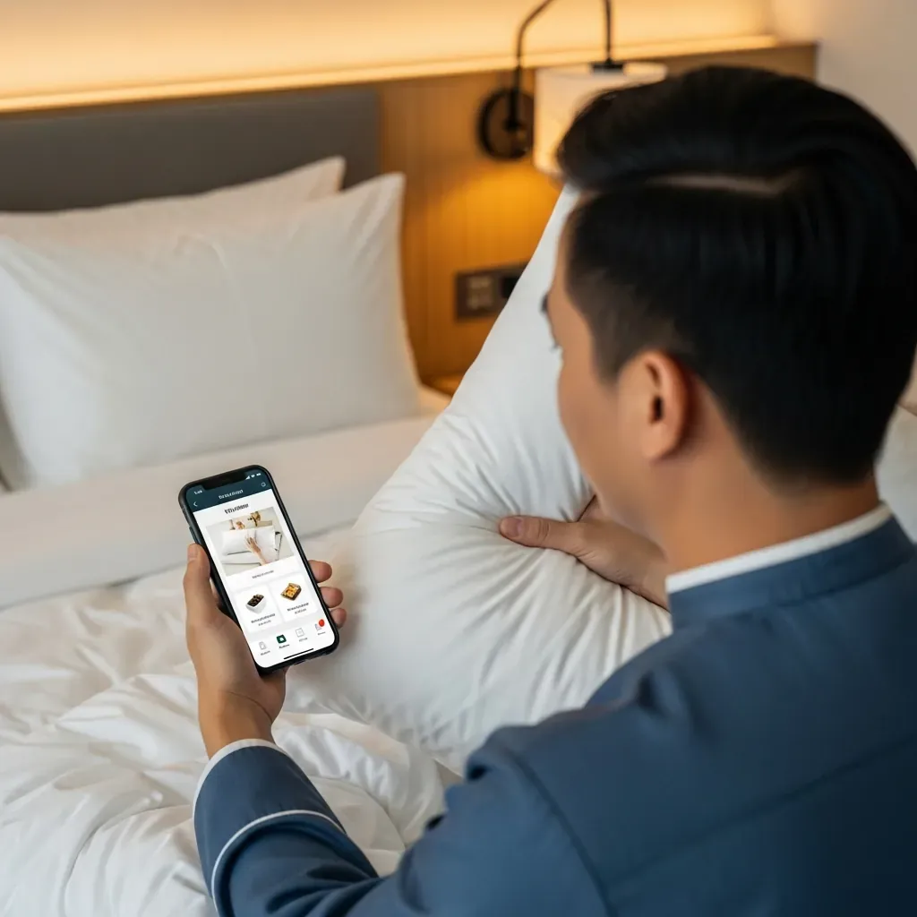 Người đàn ông Việt Nam đang xem thực đơn gối trên điện thoại trong phòng khách sạn để tránh sai lầm về chọn gối.