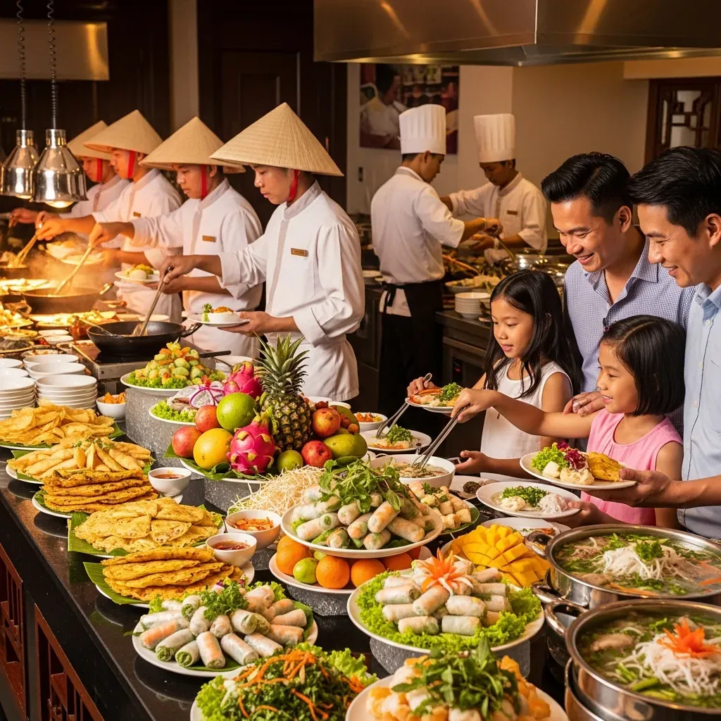 Bữa buffet Gánh với nhiều món Việt truyền thống, đầu bếp đang chế biến trực tiếp, thực khách người Việt vui vẻ lấy đồ ăn.