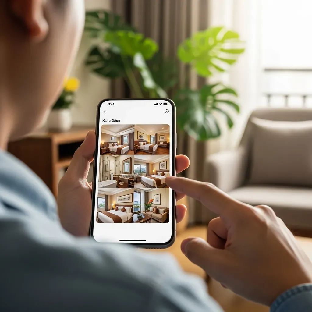 Cận cảnh tay du khách Việt đang chọn phòng trên ứng dụng đặt khách sạn, màn hình không có chữ.
