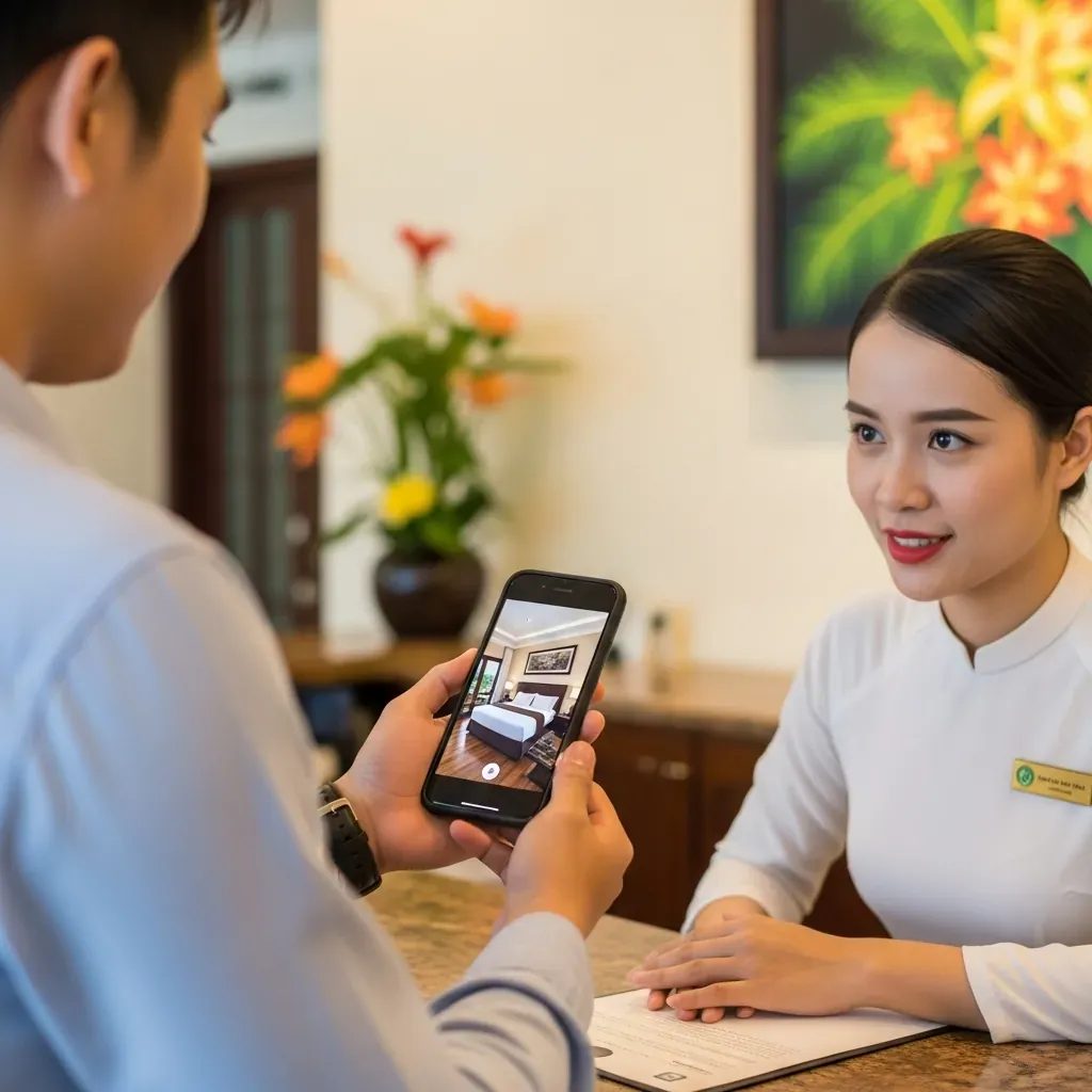 Du khách người Việt đưa điện thoại cho lễ tân để phản ánh phòng không giống ảnh, nhân viên đang lắng nghe.