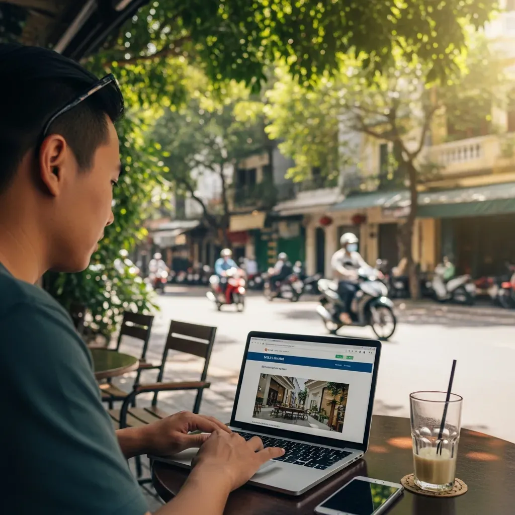 Du khách người Việt ngồi tại quán cà phê vỉa hè Sài Gòn, sử dụng laptop và điện thoại để kiểm tra đánh giá khách sạn.