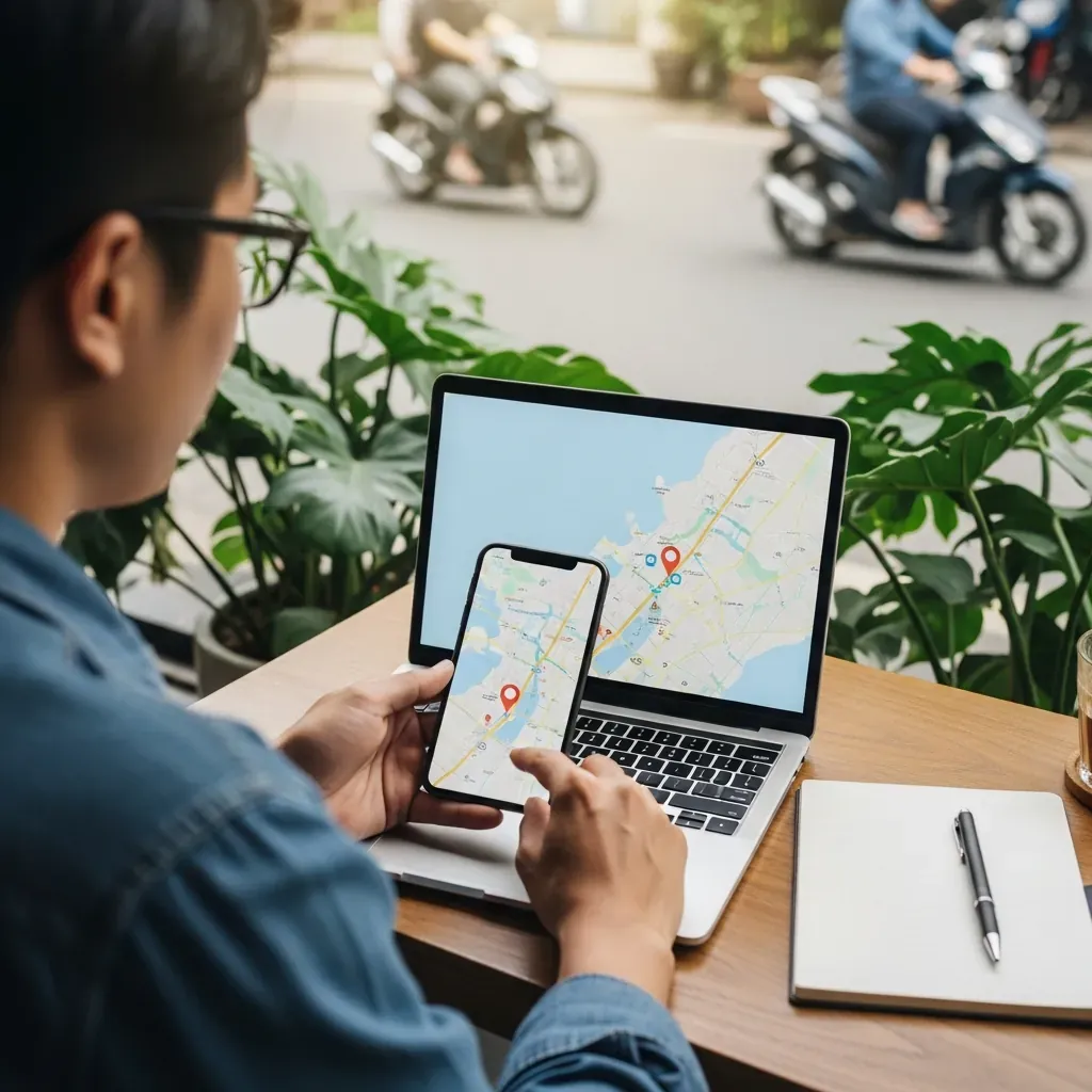 Du khách Việt Nam đang so sánh bản đồ trên laptop và điện thoại để lên kế hoạch dự phòng khách sạn.