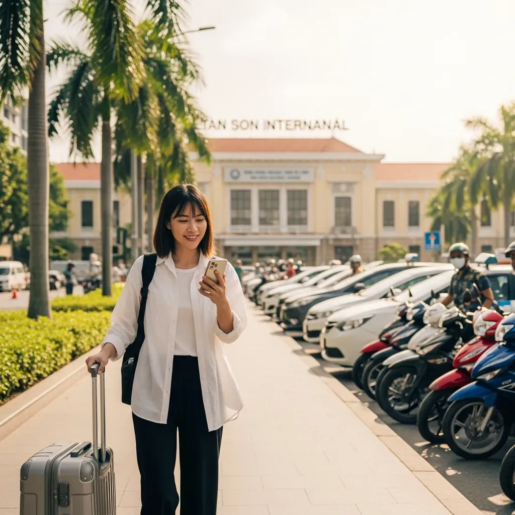 Hành khách người Việt kéo vali trước sân bay Tân Sơn Nhất, phía sau là hàng xe ôm và cây cối nhiệt đới.
