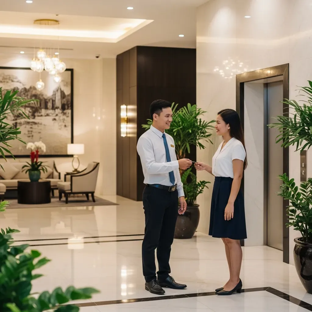 Lễ tân khách sạn Palace Sài Gòn trao chìa khóa phòng cho một nữ du khách người Việt trong sảnh hiện đại.