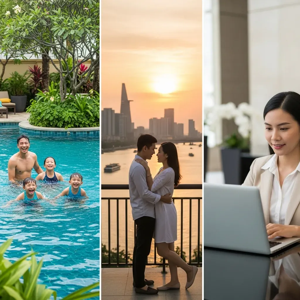 Ba khung cảnh: gia đình vui đùa bên hồ bơi, cặp đôi ngắm hoàng hôn sông Sài Gòn, nữ doanh nhân làm việc tại sảnh khách sạn.