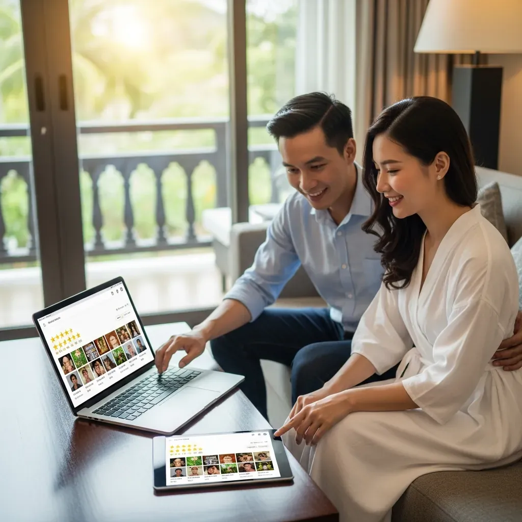 Cặp đôi Việt Nam cùng xem đánh giá khách sạn trên laptop và máy tính bảng trong phòng ngập nắng.