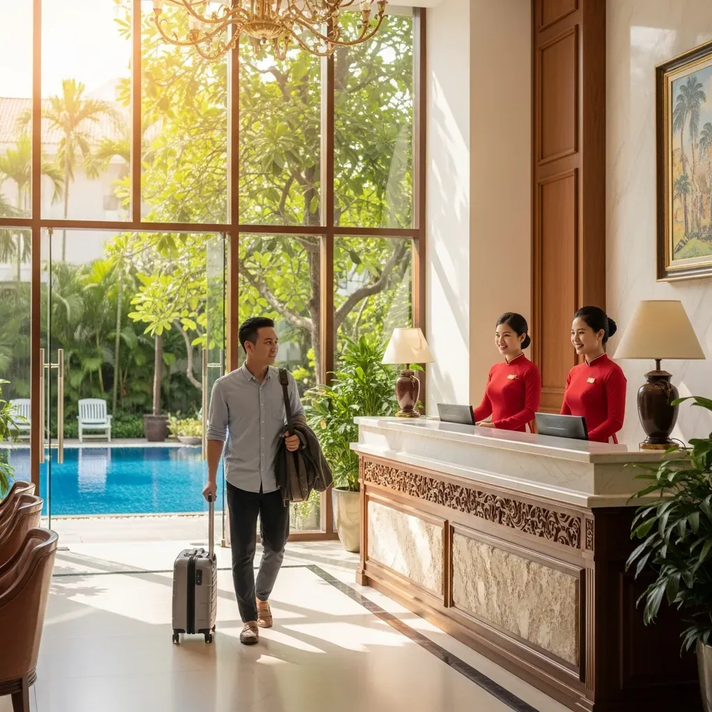Du khách Việt Nam bước vào sảnh khách sạn dự phòng với hành lý, được nhân viên niềm nở chào đón.