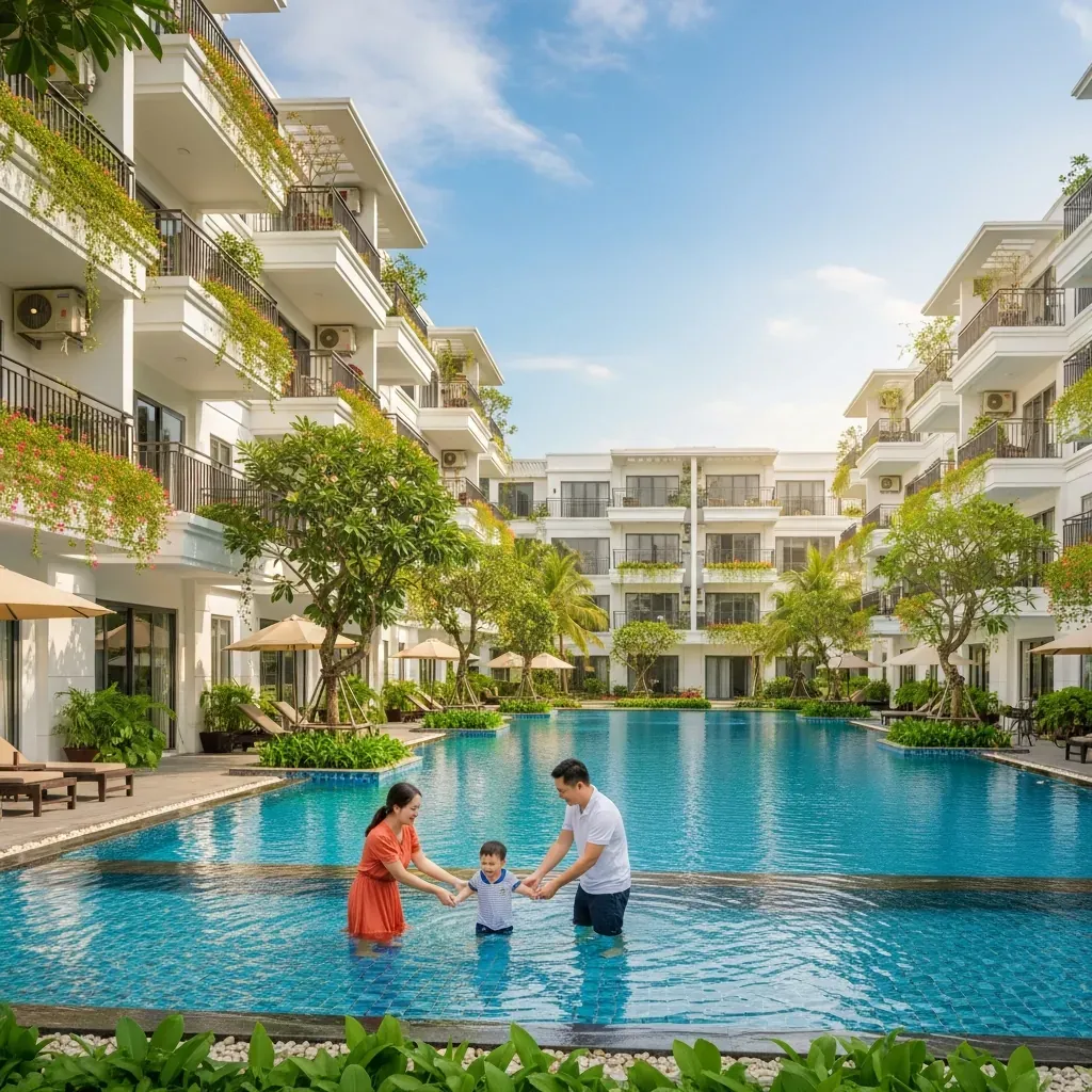 Hồ bơi ngoài trời rộng rãi tại khu căn hộ dịch vụ với gia đình Việt đang tận hưởng kỳ nghỉ.