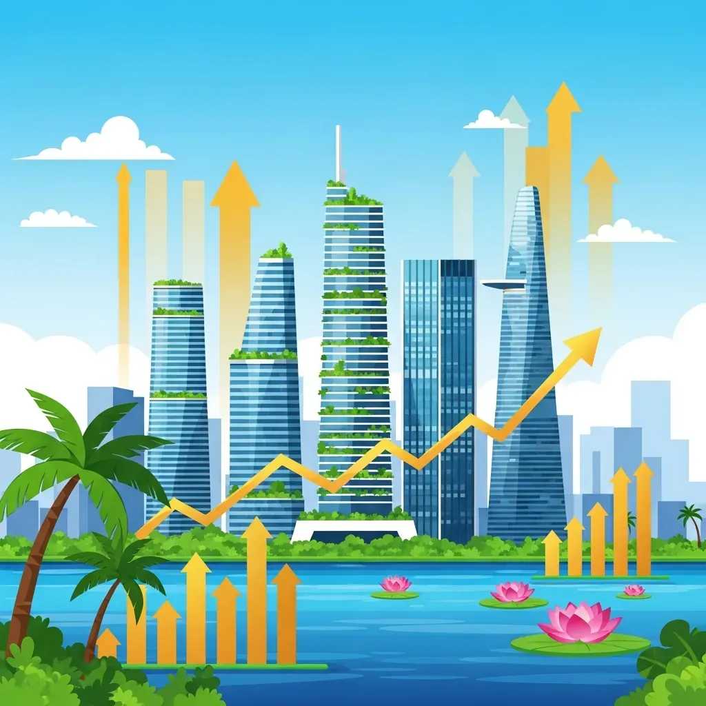 Minh họa cảnh quan tương lai thành phố Thủ Đức với các tòa khách sạn xanh, sông nước và biểu tượng tăng trưởng.