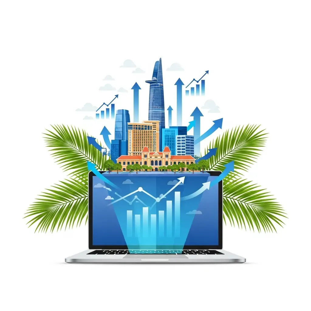 Minh họa laptop hiển thị biểu đồ tăng trưởng và hình ảnh khách sạn nổi lên giữa nền trời TP.HCM nhiệt đới.
