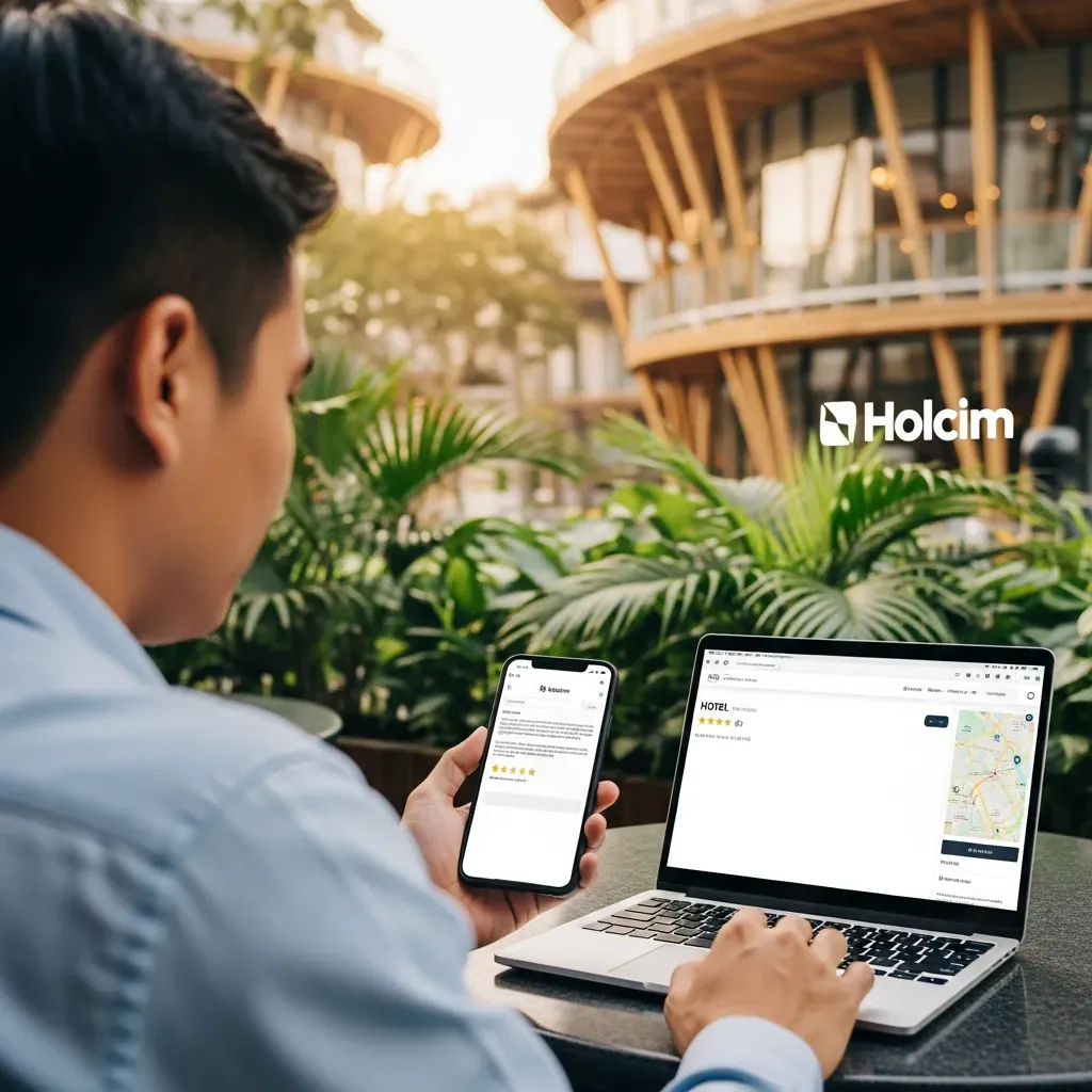 Người đàn ông Việt Nam ngồi quán cà phê Thảo Điền, kiểm tra chéo thông tin khách sạn trên điện thoại và laptop.