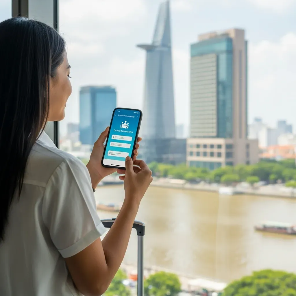 Người phụ nữ Việt cầm điện thoại xác nhận booking thành công, hành lý sẵn sàng, phía sau là view sông Sài Gòn tươi sáng.