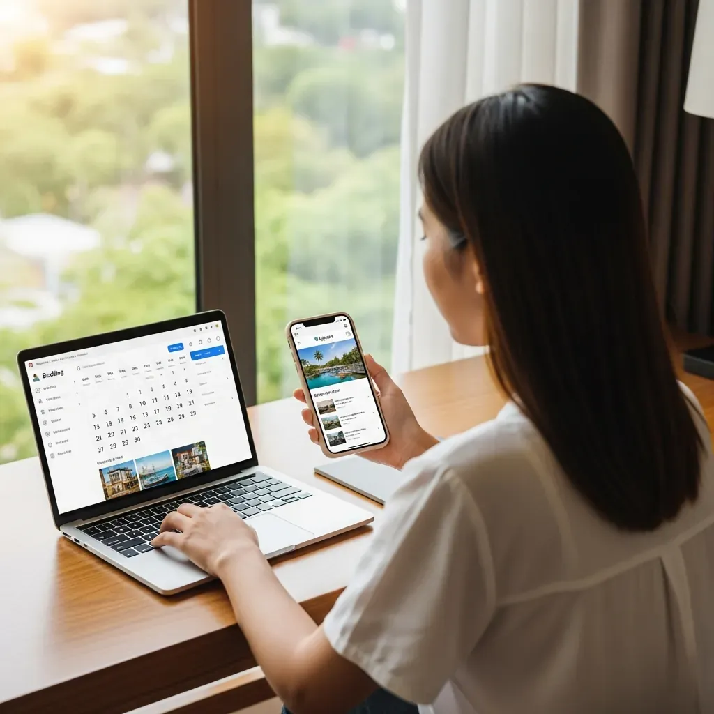Người phụ nữ Việt Nam đang tra cứu khách sạn trên laptop và điện thoại trong một căn phòng sáng sủa hướng ra vườn nhiệt đới.
